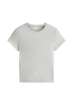 Svetlo siva kratka majica z okroglim ovratnikom, enostavne, brez vzorca, z etiketo za oblačila znotraj ovratnika.
