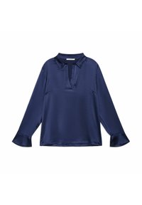 Blusa di seta blu navy con scollatura a V, maniche lunghe e polsini svasati. Morbida al tatto con una leggera lucentezza, progettata per una vestibilità comoda.