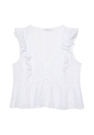 White cotton top featuring a V-neck, ruffled sleeves, button front, and a flared hem with embroidered floral patterns.