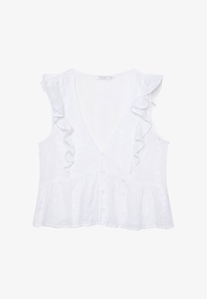 Haut en coton blanc avec un col en V, des manches volantées, un devant boutonné et un ourlet évasé avec des motifs floraux brodés.