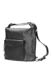 Borsa a tracolla in pelle nera con finitura testurizzata. Presenta una tasca anteriore e una tracolla regolabile, mostrando una forma rettangolare.