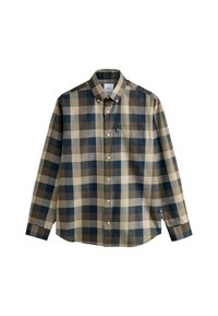 Langearm overhemd met een geruit patroon in beige, olijf en marineblauw. Gemaakt van stof met een gladde textuur en een knoopsluiting.