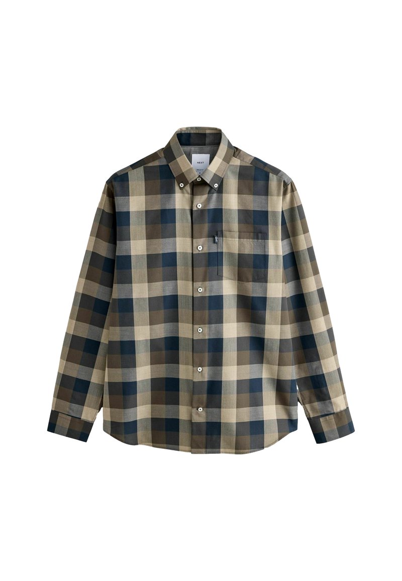 Langearm overhemd met een geruit patroon in beige, olijf en marineblauw. Gemaakt van stof met een gladde textuur en een knoopsluiting.