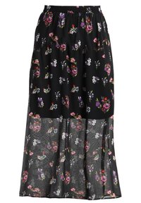 Musta midi-hame, jossa on vaaleanpunaisia, purppuranvärisiä ja valkoisia kukkakuvioita. Hameessa on joustava vyötärö ja alaosassa läpinäkyvä kangaspaneeli.