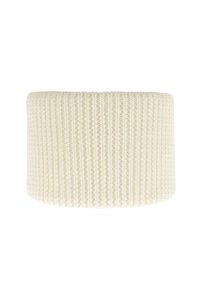 Witte rib gebreide band, cilindrische vorm, zachte textuur, met uniforme verticale lijnen, geschikt voor warmere kleding of stylen.