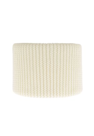 Witte rib gebreide band, cilindrische vorm, zachte textuur, met uniforme verticale lijnen, geschikt voor warmere kleding of stylen.