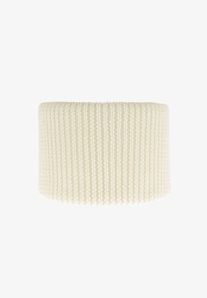 Witte rib gebreide band, cilindrische vorm, zachte textuur, met uniforme verticale lijnen, geschikt voor warmere kleding of stylen.