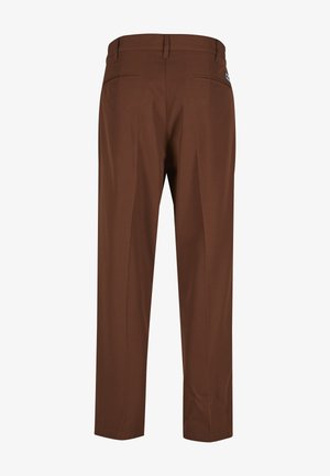 Brown straight-leg trousers shown from the back, featuring belt loops, two back welt pockets, and a small side logo patch.