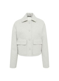 Veste courte gris clair en tissu texturé, avec un col pointu, des boutons à l'avant et deux poches avant avec rabats.