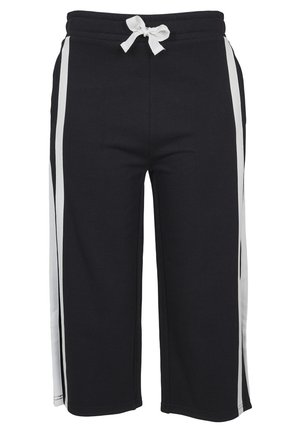 Pantaloni sweat neri a vita alta con strisce laterali bianche, elastico in vita e cordoncino. Tessuto morbido con vestibilità comoda.