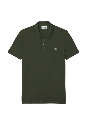 Polo shirt corto a maniche corte verde scuro in cotone, con una patta a tre bottoni e un piccolo logo di coccodrillo ricamato.