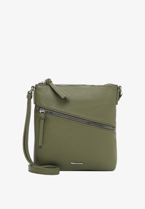 Krosbody kabelka z olivově zelené texturované kůže s nastavitelným popruhem, diagonální přední kapsou na zip a horním zapínáním na zip.