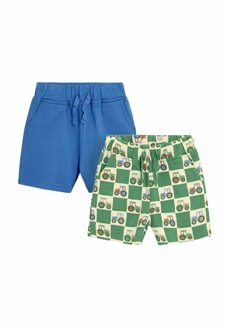 Zwei Shorts: eine einfarbig blau, die andere mit einem Muster aus grünen und cremefarbenen Quadraten, die Traktorillustrationen zeigen. Mit elastischen Taillenbündchen.
