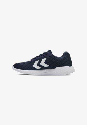 Navy mesh athletic shoe with white accents, rounded toe, and textured outsole. Features laces and a low-profile design.