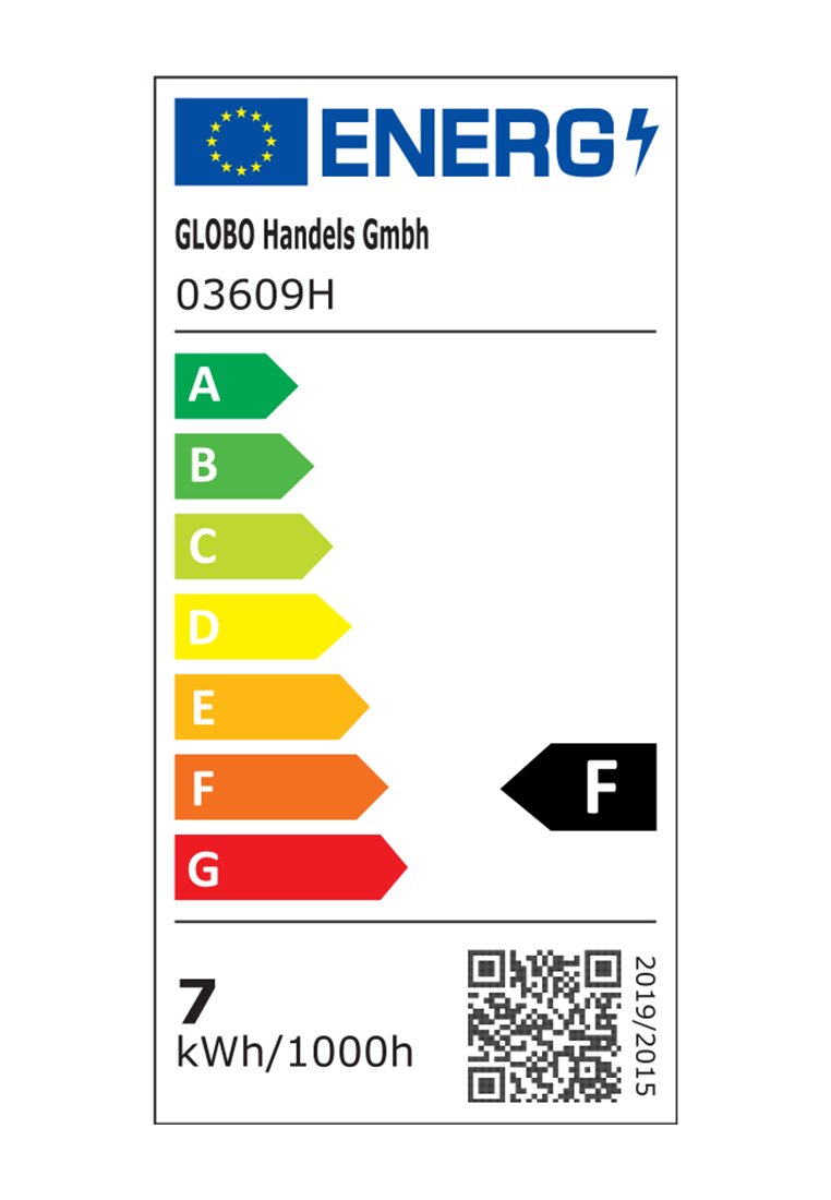 Energetický štítek zobrazující hodnotu účinnosti F v černé barvě, sedm barevných úrovní účinnosti, spotřebu energie 7 kWh/1000h a logo certifikace EU.