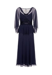 Marinblå klänning med korta, genomskinliga ärmar och plisserad midja. Har en fodrad livdel med spetsdetaljer och en flödande kjol. Slät textur.