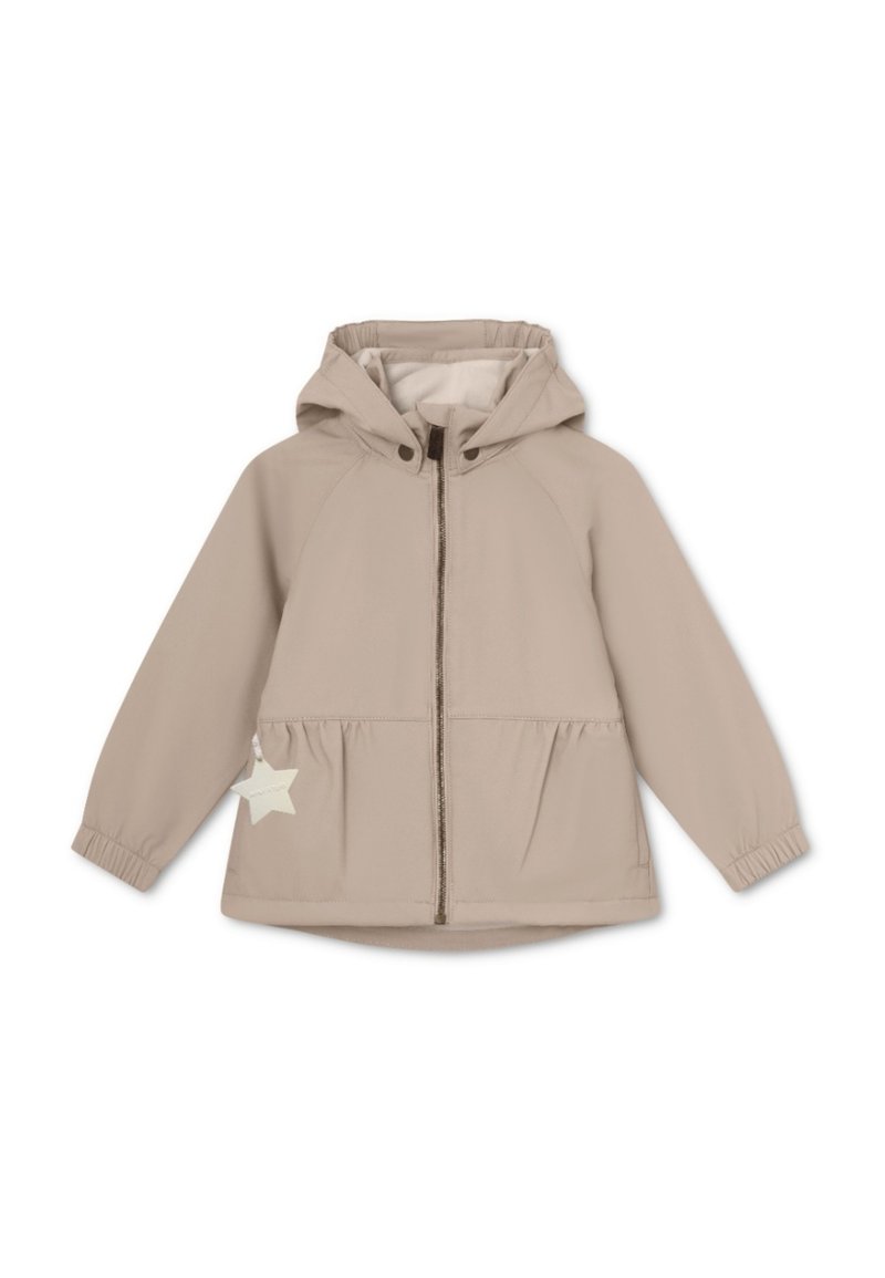 Beige barnejakke med hette, frontglidelås, elastiske mansjetter og stjerneakzent på siden. Myk tekstur, samlet midje-design.