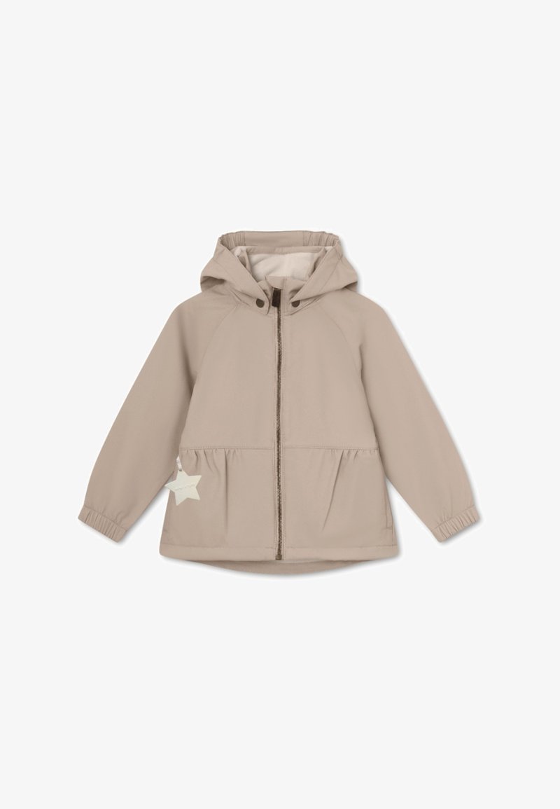 Beige children's jacket with a hood, front zipper, elastic cuffs, and a star accent on the side. Soft texture, gathered waist design.