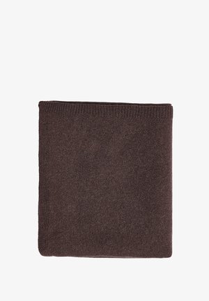 Braune gestrickte Decke, quadratische Form, weiche Textur, gerippte Randverarbeitung, einheitliche Farbe und genähte Nähte.