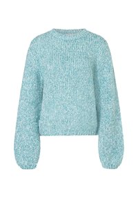 Chunky Strickpullover mit langen Ärmeln in Hellblau, Rundhalsausschnitt und einer etwas verkürzten, lockeren Passform.