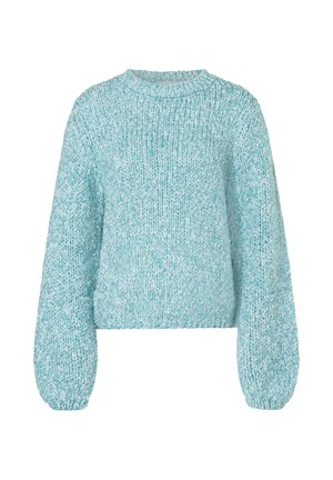 Chunky Strickpullover mit langen Ärmeln in Hellblau, Rundhalsausschnitt und einer etwas verkürzten, lockeren Passform.