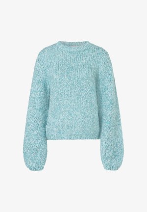 Chunky Strickpullover mit langen Ärmeln in Hellblau, Rundhalsausschnitt und einer etwas verkürzten, lockeren Passform.