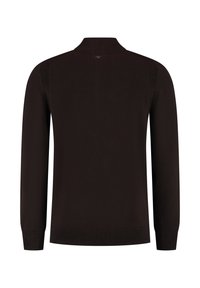 Schwarzer, langärmeliger Pullover mit Rippbündchen, Saum und Kragen, von hinten auf einem weißen Hintergrund gezeigt.