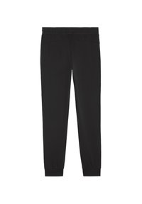 Zwarte joggingbroek van zachte stof, met een elastische tailleband en gewatteerde enkels. Glad textuur zonder zichtbare patronen of accenten.