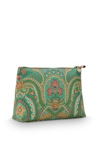 Patroon etui in teal stof met bloemen- en paisleyontwerpen. Voorzien van een ritssluiting en een kleine decoratieve metalen accent.