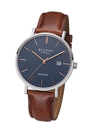 Montre à bracelet en cuir brun avec un cadran bleu, une lunette en acier inoxydable, des index en rose gold et un affichage de la date à trois heures.