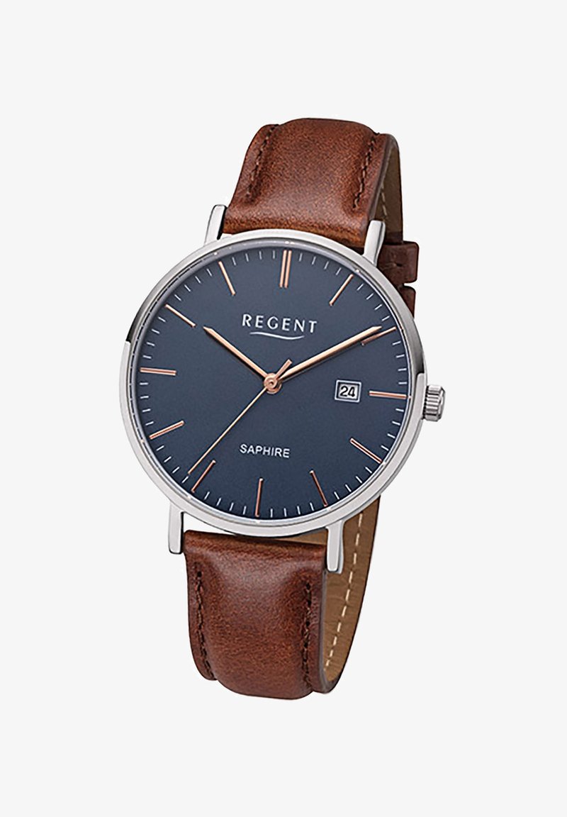 Montre à bracelet en cuir brun avec un cadran bleu, une lunette en acier inoxydable, des index en rose gold et un affichage de la date à trois heures.