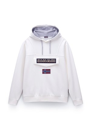 Biała bluza z kapturem wykończonym szarym kolorem, z przodu z naszywką z logo "NAPAPIJRI" oraz małą emblematem flagi Norwegii. Gładka tekstura materiału.