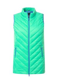 Chaleco acolchado verde con cuello alto, con un diseño en forma de chevron, cierre frontal de cremallera y dos bolsillos laterales con cremallera. Con detalles en azul.