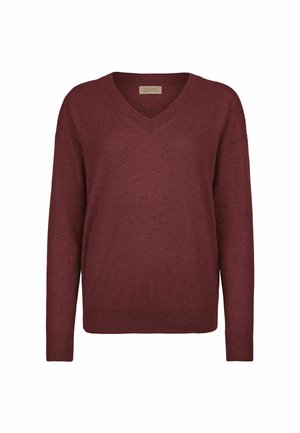Bordeaux V-hals sweater lavet af blødt strikkemateriale, med lange ærmer, ribbede manchetter og kant, samt en afslappet pasform.