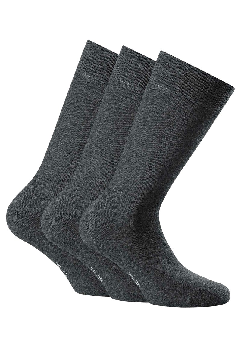 Graue Socken im Dreierpack, mit glatter Textur, gerippten Bündchen und einer Höhe bis zur Mitte der Wade. Das Material bietet Komfort und Langlebigkeit.