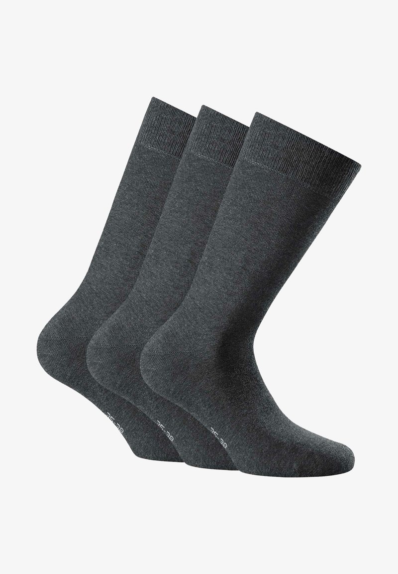 Graue Socken im Dreierpack, mit glatter Textur, gerippten Bündchen und einer Höhe bis zur Mitte der Wade. Das Material bietet Komfort und Langlebigkeit.