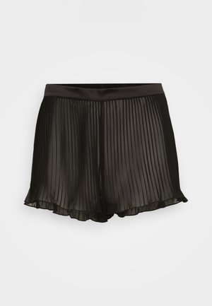Sorte plisserede shorts med en glat talje, semi-gennemsigtigt stof og bølget kant. Har lodrette pliserede detaljer i hele designet.