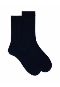 Dunkelblaue, gerippte Socken aus weichem Material, mit gepolstertem Zehen- und Fersenbereich, mittlerer Schafthöhe und elastischem Bündchen.