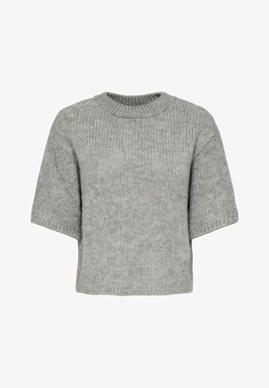 Pull en tricot gris à manches courtes, col rond et motif texturé ; coupe décontractée et matériau doux.