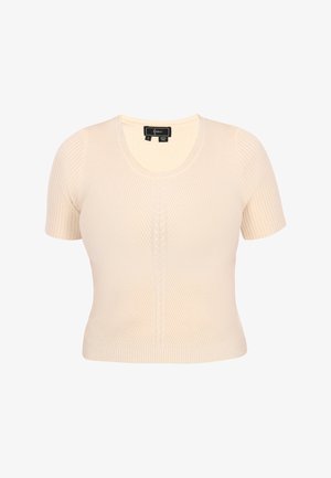 Top cu mâneci scurte, din tricot ribbed, de culoare bej deschis, cu decolteu rotund și model central texturat. Țesătură moale și design aderent.