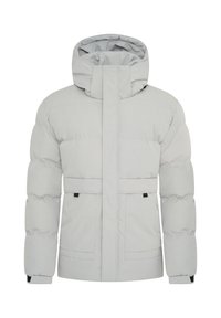 Helle graue Pufferjacke mit Kapuze, ausgestattet mit einem Reißverschluss, zwei Fronttaschen und einem gesteppten Design zur Isolierung.