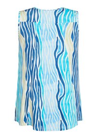 Top senza maniche con uno sfondo azzurro chiaro e motivi ondulati e fluenti in diverse sfumature di blu e verde, realizzato in tessuto morbido.