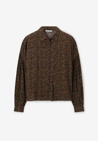 Chemise à boutons imprimée léopard en brun foncé, avec des manches longues, un col et une coupe décontractée en tissu texturé.