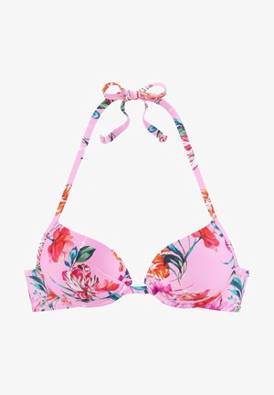 Pink bikini top with floral print in red, blue, and green. Removable padding, halter neck ties, and adjustable back closure. Soft fabric texture.