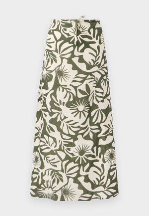Jupe longue en tissu avec un motif floral vert et crème, dotée d'une taille à cordon et d'une finition douce et texturée.