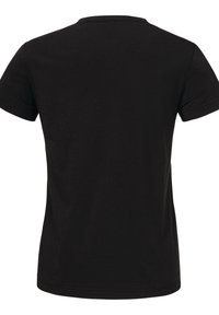 Schwarzes T-Shirt mit kurzen Ärmeln und Rundhalsausschnitt, aus weichem Baumwollstoff gefertigt, zeichnet sich durch ein einfaches Design ohne Grafiken oder Muster aus.