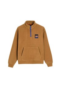 Brązowy polarowy pulower z półzamkiem przy kołnierzu, przednią kieszenią i niebieskim zamkiem błyskawicznym. Ma naszywkę z logo na lewej piersiach. Miękka faktura.