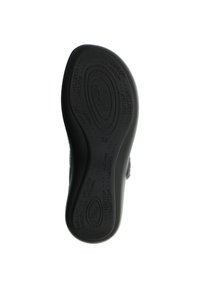 Black rubber shoe sole with textured patterns and branding details, featuring a curved shape and a size marker, numbered 38.