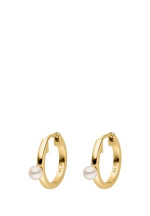 Gold hoop earrings each featuring a small white pearl on the outer edge, shown against a white background.