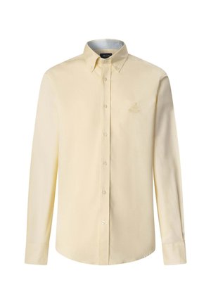 Light beige long-sleeve button-up shirt with button-down collar and subtle embroidered logo on the left chest.